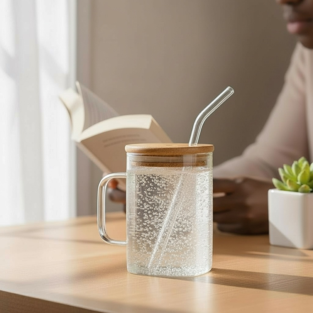 20 oz Square Glass Cup | Bamboo Lid, Glass Straw & Handle | Clear