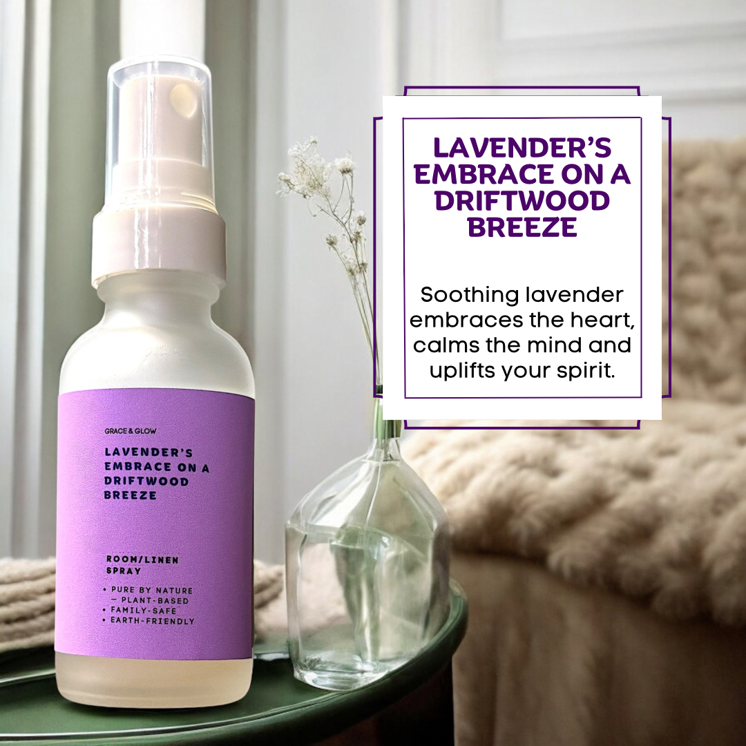 Grace & Glow: Lavender's Embrace on a driftwood breeze, room/linen spray