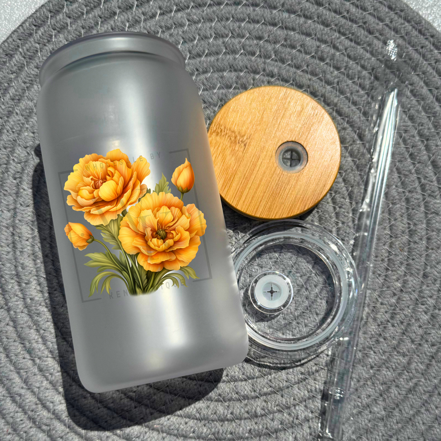 16 oz glass can with bamboo lid and straw-Marigold (UV185)