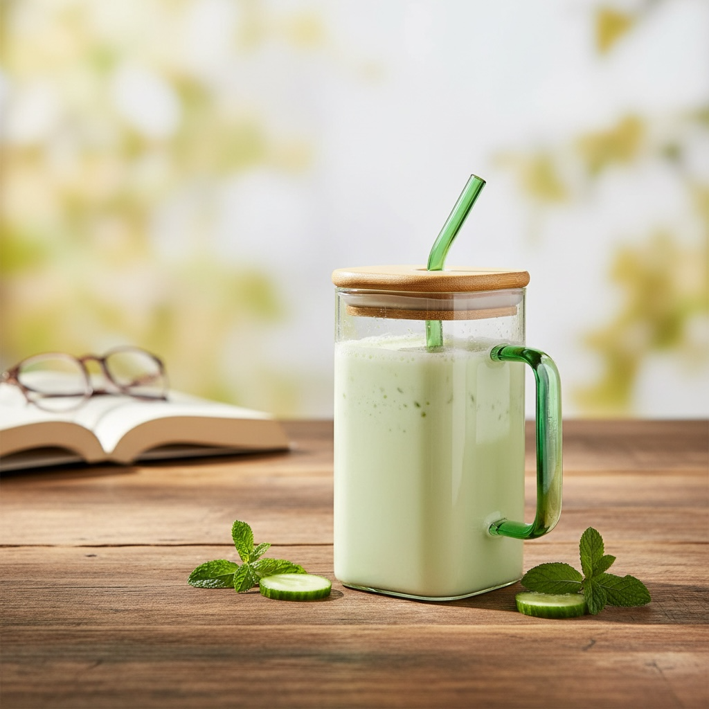 20 oz Square Glass Cup | Bamboo Lid, Glass Straw & Handle | Green