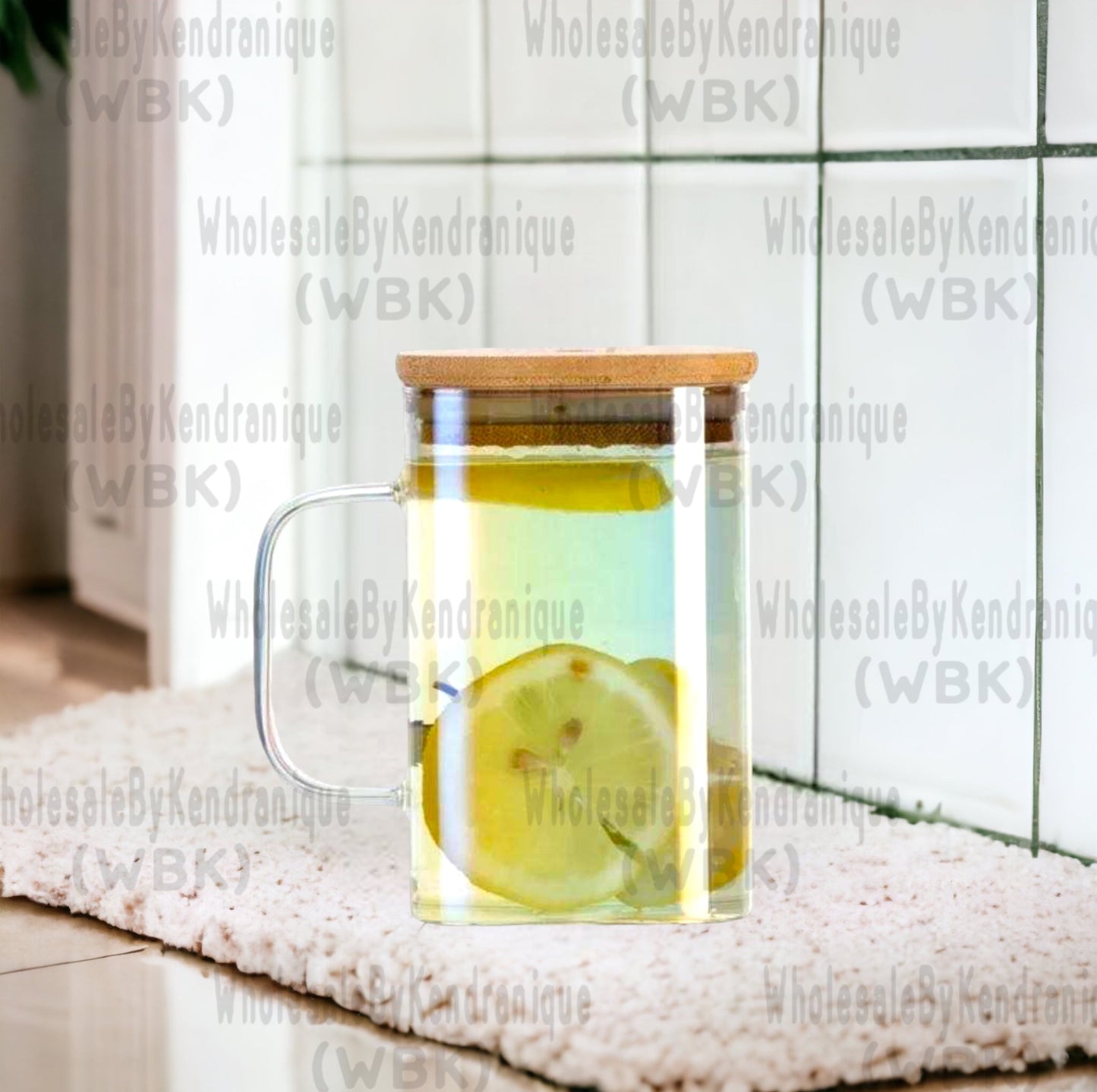 20 oz square glass with bamboo lid, matching straw and handle