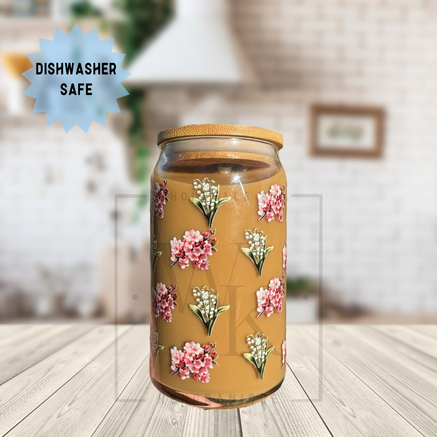 16 oz Dishwasher safe glass can with bamboo lid and glass straw-Lillian