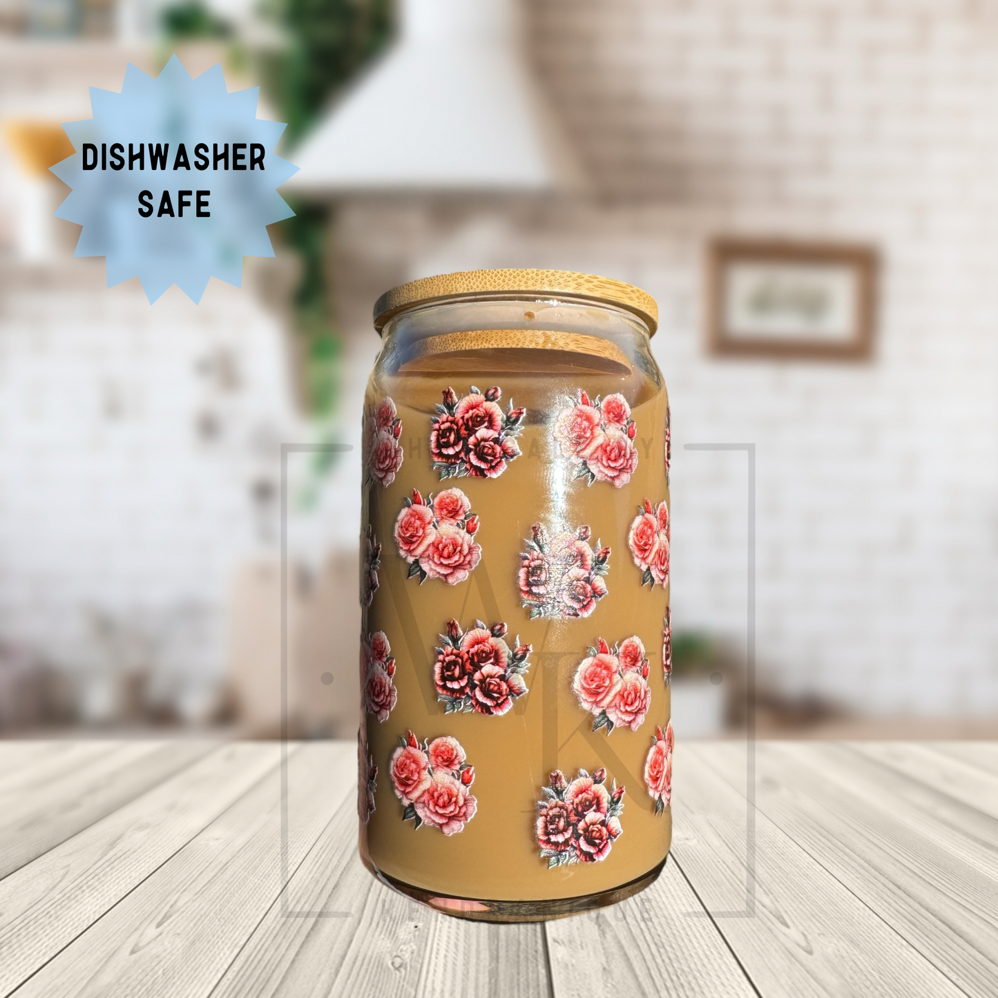 16 oz Dishwasher safe glass can with bamboo lid and glass straw-Rosie