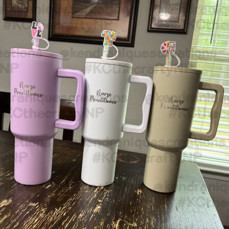 40 oz Nurse Practitioner tumbler with handle and matching colored straw