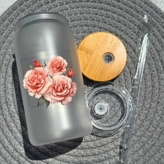 16 oz glass can with bamboo lid and straw-Light colored roses (UV177)