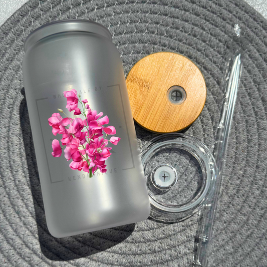 16 oz glass can with bamboo lid and straw-Sweet Pea (UV174)