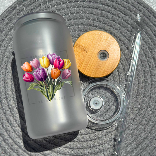 16 oz glass can with bamboo lid and straw-Tulip Bouquet (UV199)