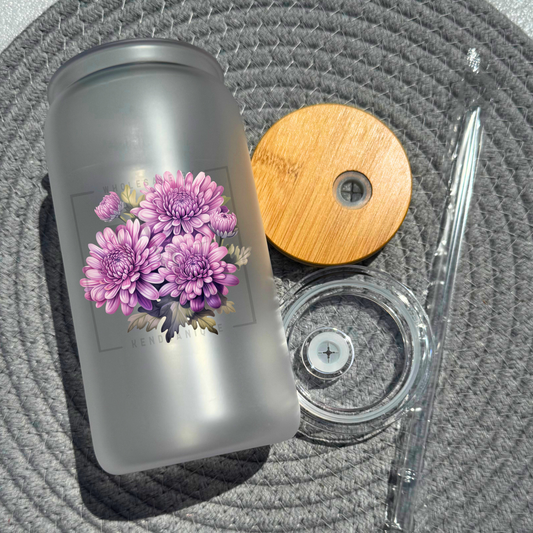16 oz glass can with bamboo lid and straw-Chrysanthemum (UV187)
