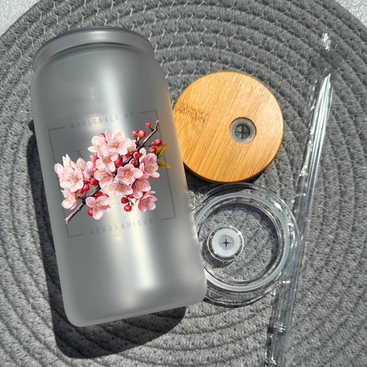 16 oz glass can with bamboo lid and straw-Hawthorne (UV176)