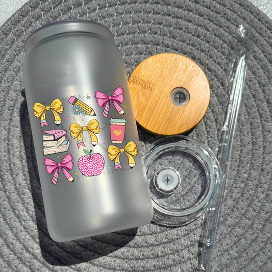 16 oz glass can with bamboo lid and straw-Teacher bows & doodle (UV197)