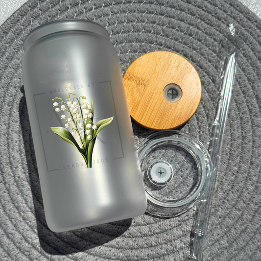 16 oz glass can with bamboo lid and straw-Lily of the Valley (UV175)