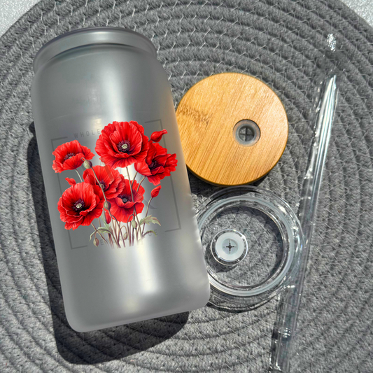 16 oz glass can with bamboo lid and straw-Poppy (UV181)