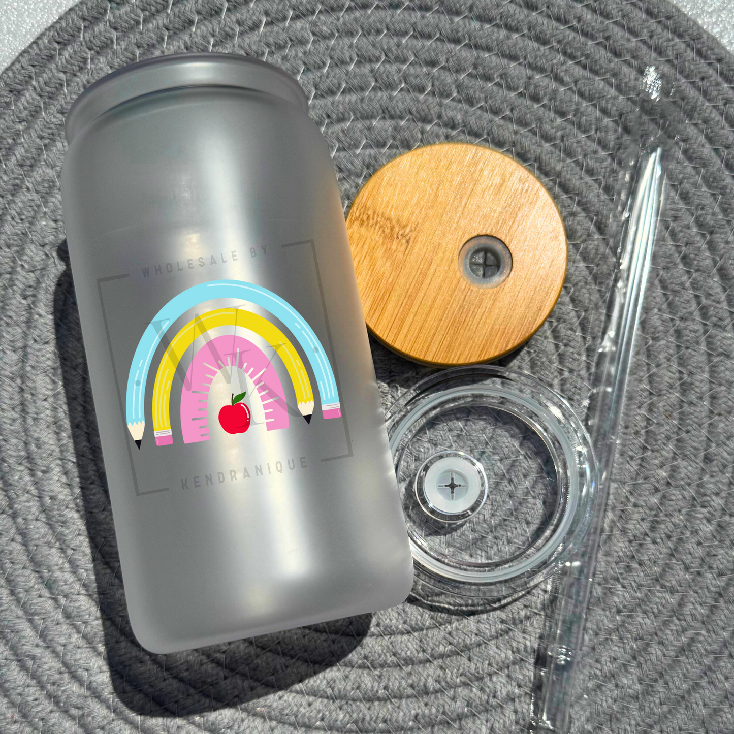 16 oz glass can with bamboo lid and straw-Pencil rainbow (UV198)