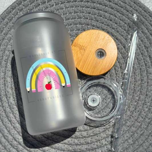 16 oz glass can with bamboo lid and straw-Pencil rainbow (UV198)
