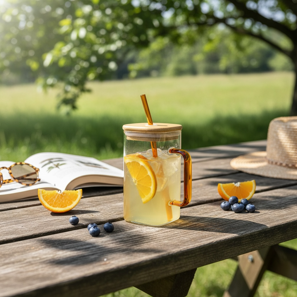 20 oz Square Glass Cup | Bamboo Lid, Glass Straw & Handle | Orange