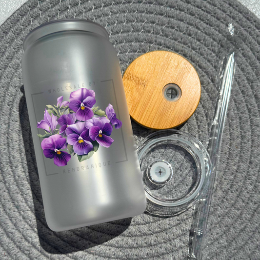 16 oz glass can with bamboo lid and straw-Violet (UV170)