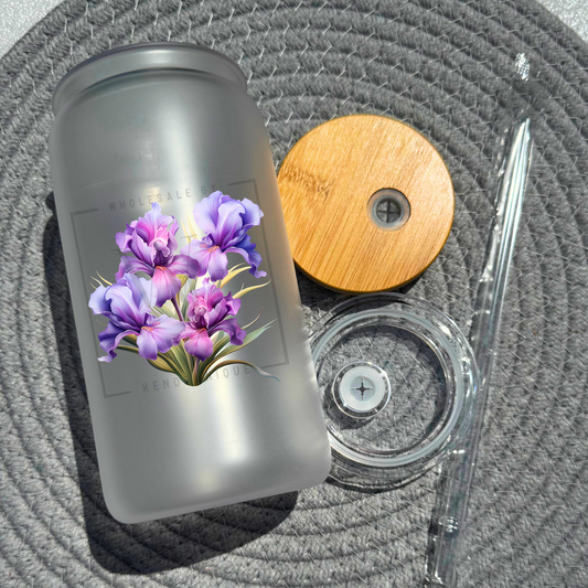 16 oz glass can with bamboo lid and straw-Irys (UV169)