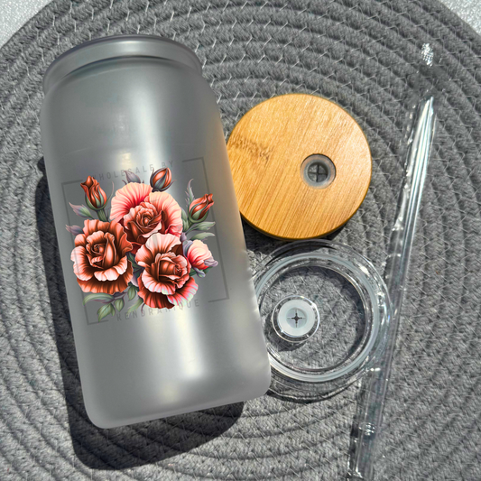 16 oz glass can with bamboo lid and straw-Dark colored roses (UV190)