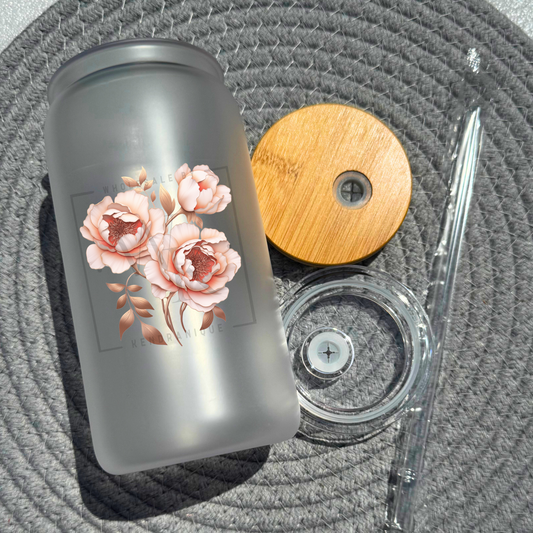 16 oz glass can with bamboo lid and straw-Peony (UV188)