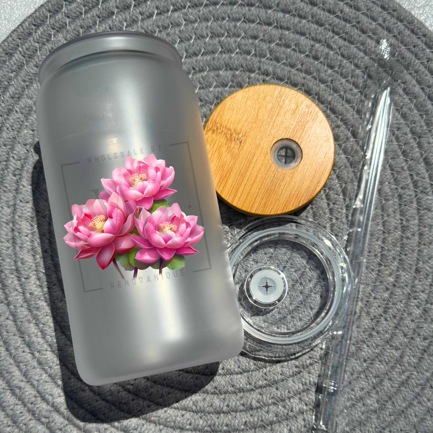 16 oz glass can with bamboo lid and straw-Lotus (UV178)