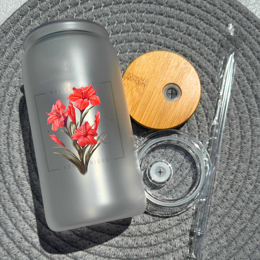 16 oz glass can with bamboo lid and straw-Gladiolus (UV180)