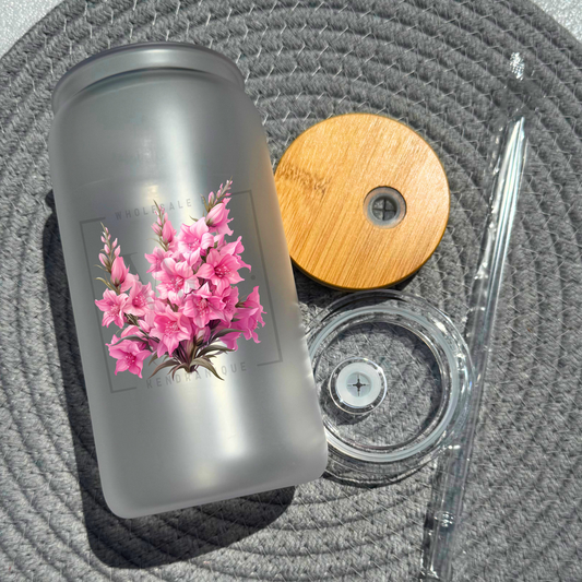 16 oz glass can with bamboo lid and straw-Larkspur (UV179)