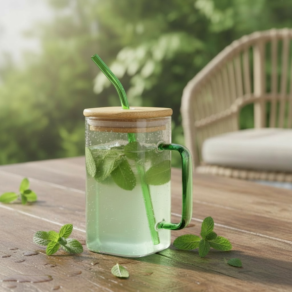 20 oz Square Glass Cup | Bamboo Lid, Glass Straw & Handle | Green