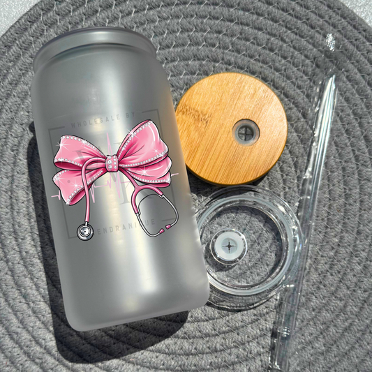 16 oz glass can with bamboo lid and straw-Stethoscope bow (UV194)
