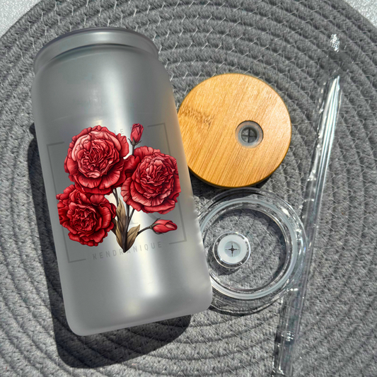 16 oz glass can with bamboo lid and straw-Carnations (UV167)
