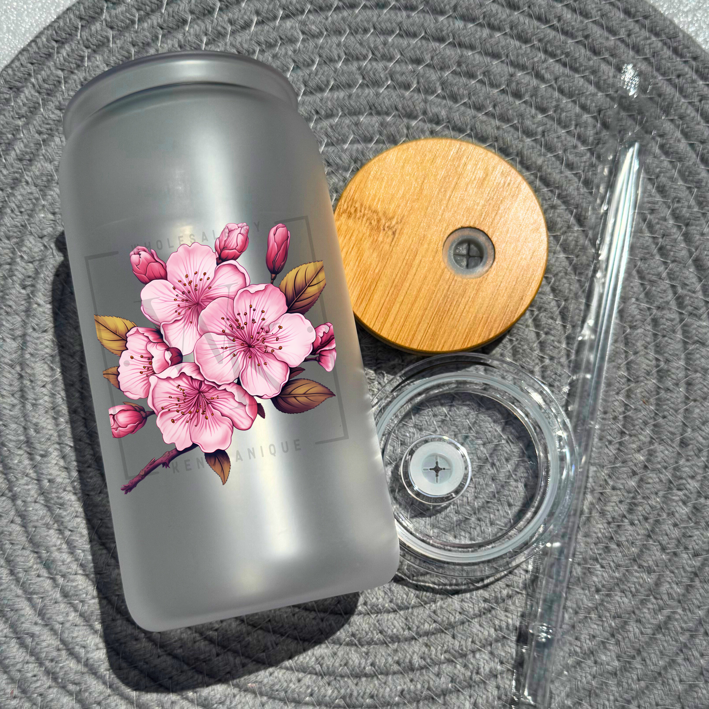 16 oz glass can with bamboo lid and straw-Cherry Blossom (UV172)