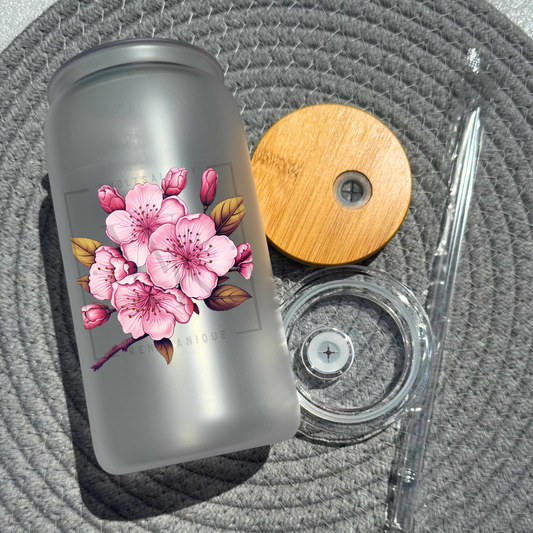 16 oz glass can with bamboo lid and straw-Cherry Blossom (UV172)