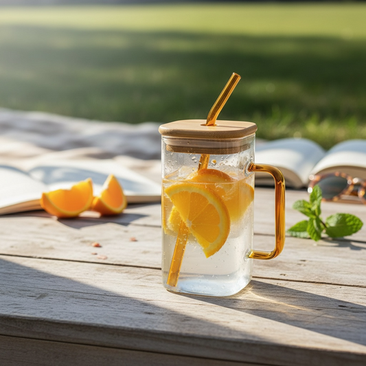20 oz Square Glass Cup | Bamboo Lid, Glass Straw & Handle | Orange