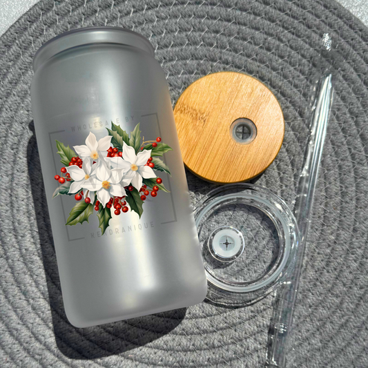 16 oz glass can with bamboo lid and straw-Holly (UV189)