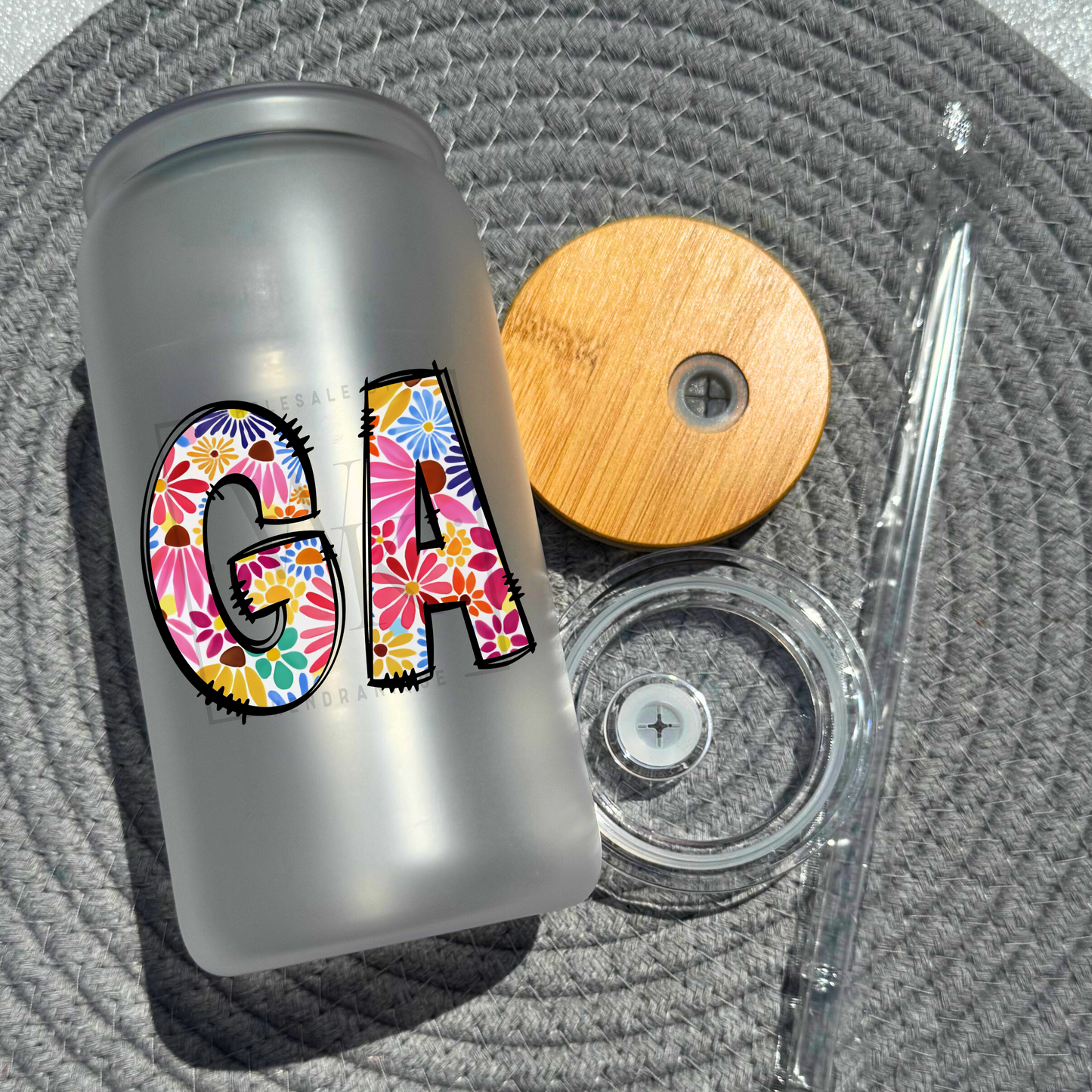 16 oz glass can with bamboo lid and straw-Floral GA (UV192)