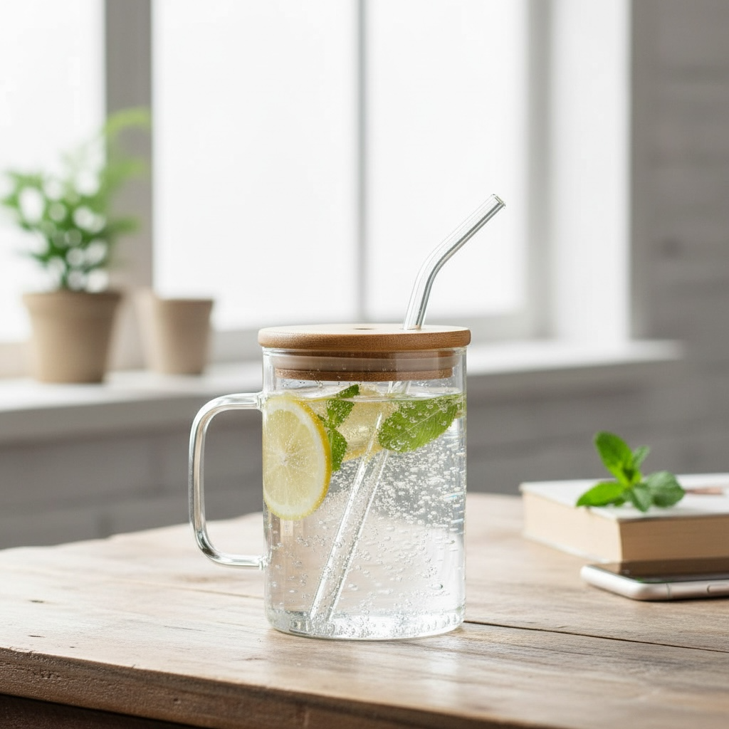 20 oz Square Glass Cup | Bamboo Lid, Glass Straw & Handle | Clear