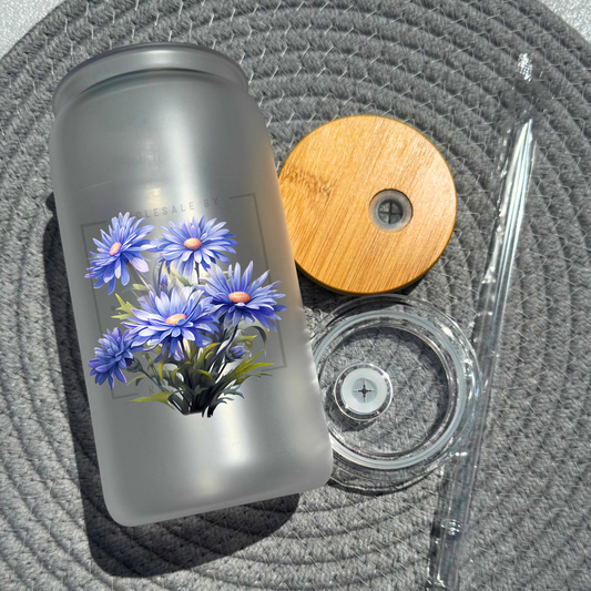 16 oz glass can with bamboo lid and straw-Aster (UV183)