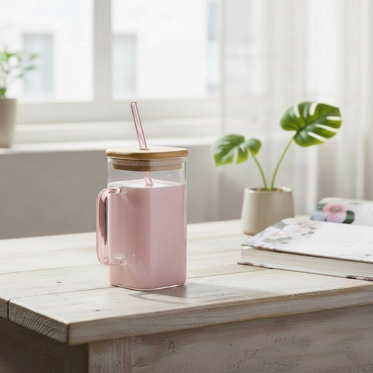 20 oz Square Glass Cup | Bamboo Lid, Glass Straw & Handle | Pink