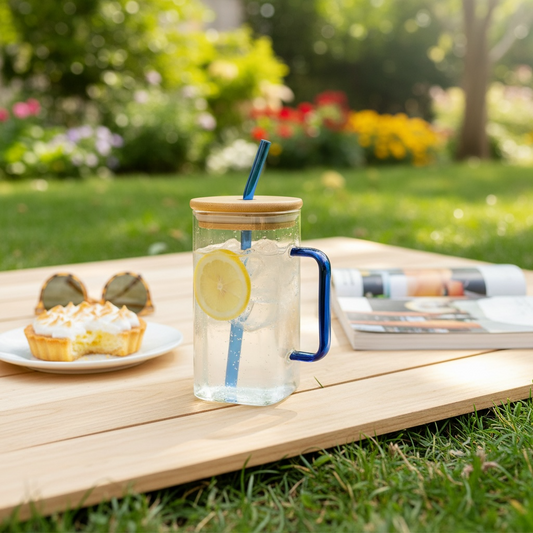 20 oz Square Glass Cup | Bamboo Lid, Glass Straw & Handle | Blue