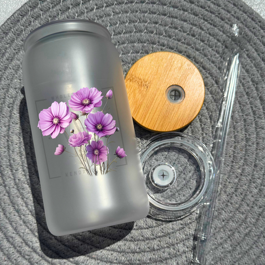 16 oz glass can with bamboo lid and straw-Cosmos (UV184)