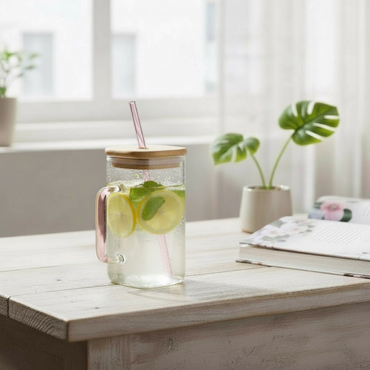 20 oz Square Glass Cup | Bamboo Lid, Glass Straw & Handle | Pink