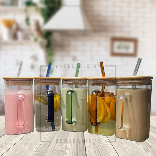20 oz square glass with bamboo lid, matching straw and handle