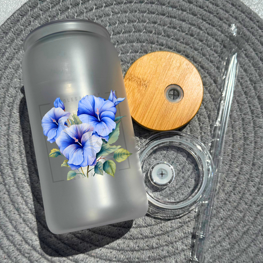 16 oz glass can with bamboo lid and straw-Morning Glory (UV182)
