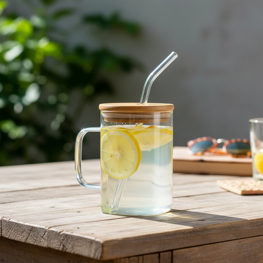 20 oz Square Glass Cup | Bamboo Lid, Glass Straw & Handle | Clear
