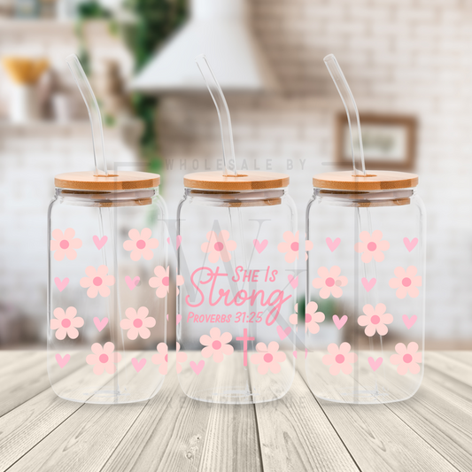UVDTF Wrap-Pink floral, She is strong Proverbs 31:25 (UV120)