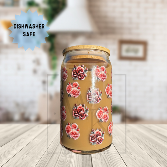 16 oz Dishwasher safe glass can with bamboo lid and glass straw-Rosie