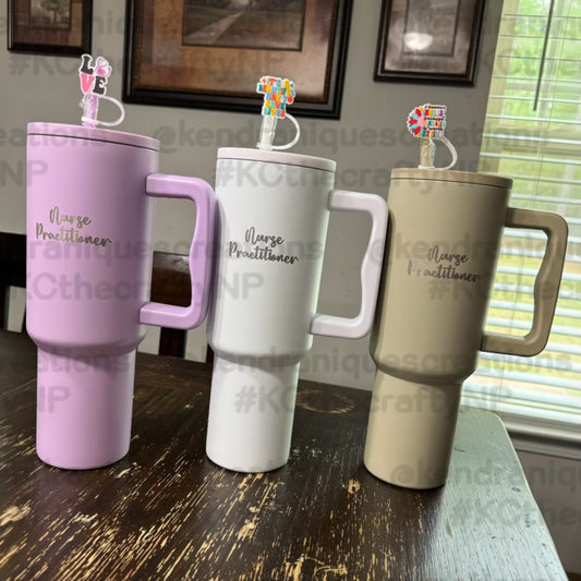 40 oz Nurse Practitioner tumbler with handle and matching colored straw