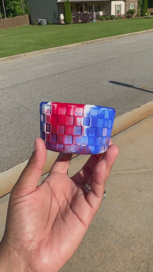 Silicone (Checkered Red, White & Blue) tumbler boot for popular 40 oz tumblers and glass cans