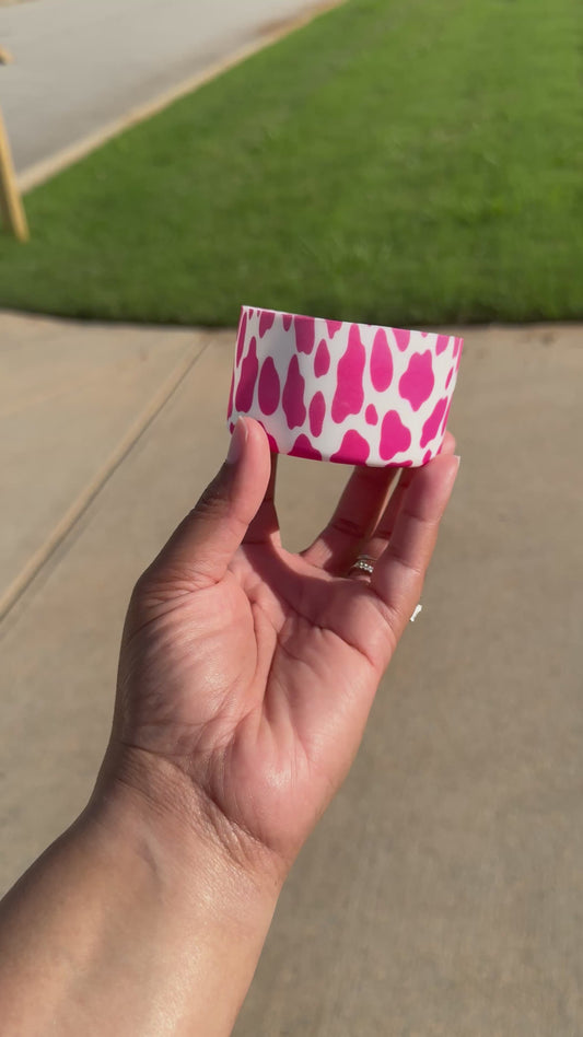 Silicone (cow print-pink) tumbler boot for popular 40 oz tumblers and glass cans